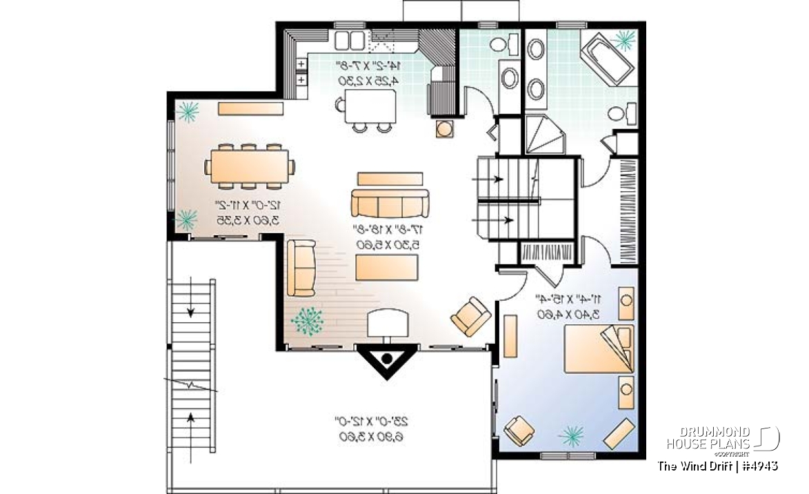 3rd level - Cape Hatteras style house plan with 5 bedrooms, 3.5 baths, reverse floor plans, 2 terraces, fireplace - The Wind Drift