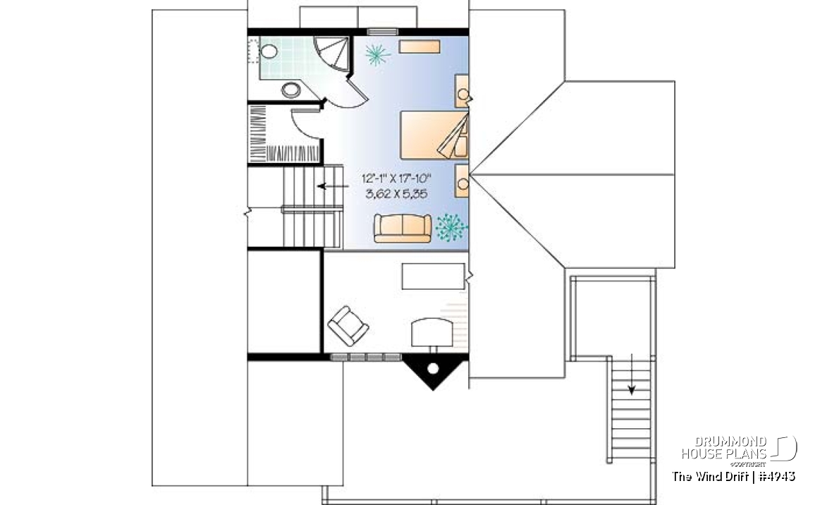 4th level - Cape Hatteras style house plan with 5 bedrooms, 3.5 baths, reverse floor plans, 2 terraces, fireplace - The Wind Drift