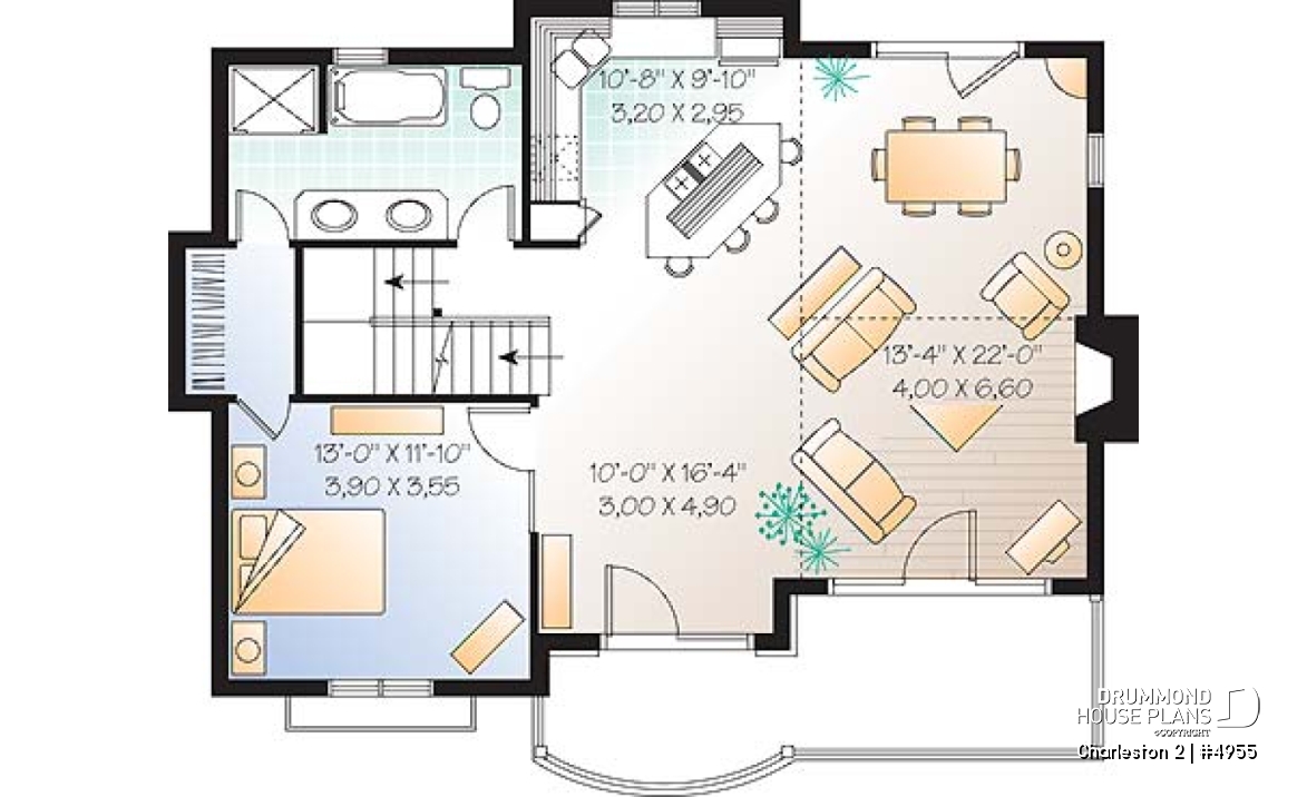 1st level - Ski chalet plan, reverse floor plans, master and living areas on second floor, large fireplace - Charleston 2
