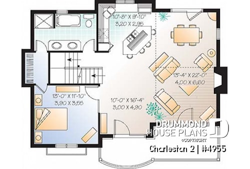 1st level - Ski chalet plan, reverse floor plans, master and living areas on second floor, large fireplace - Charleston 2