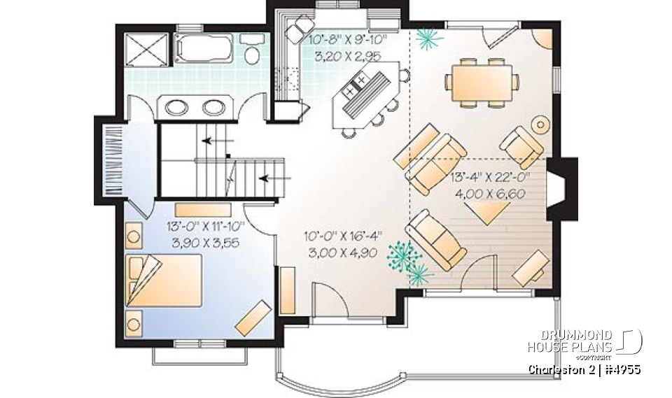 1st level - Ski chalet plan, reverse floor plans, master and living areas on second floor, large fireplace - Charleston 2