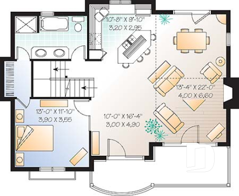 1st level - Ski chalet plan, reverse floor plans, master and living areas on second floor, large fireplace - Charleston 2