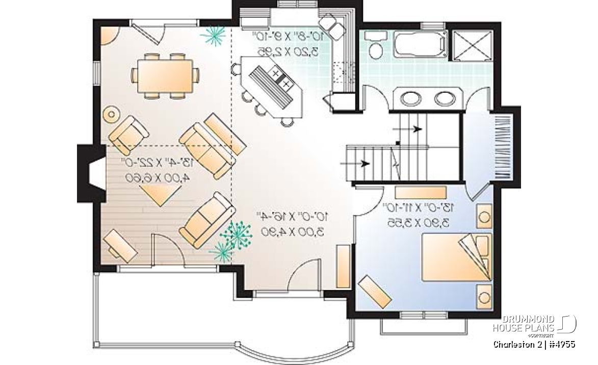 1st level - Ski chalet plan, reverse floor plans, master and living areas on second floor, large fireplace - Charleston 2