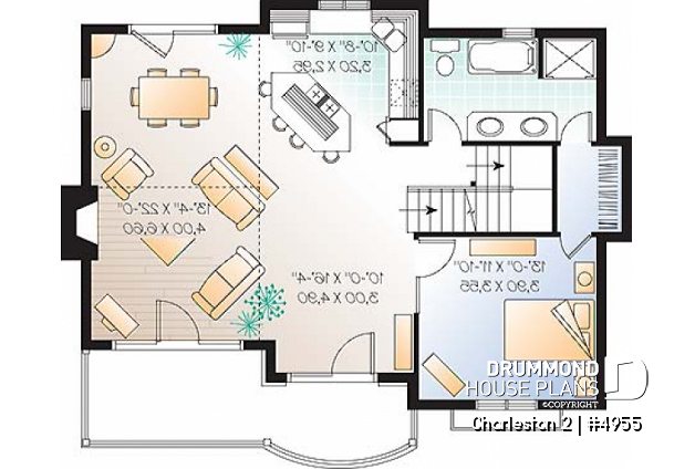 1st level - Ski chalet plan, reverse floor plans, master and living areas on second floor, large fireplace - Charleston 2
