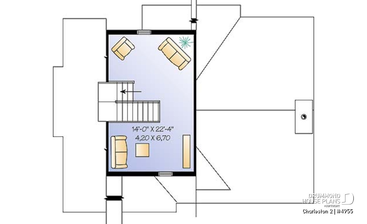 2nd level - Ski chalet plan, reverse floor plans, master and living areas on second floor, large fireplace - Charleston 2