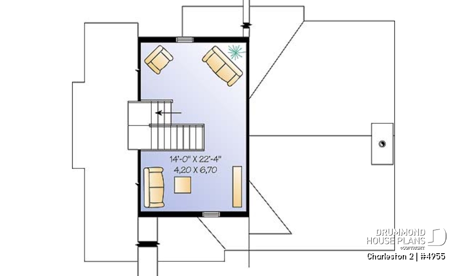2nd level - Ski chalet plan, reverse floor plans, master and living areas on second floor, large fireplace - Charleston 2