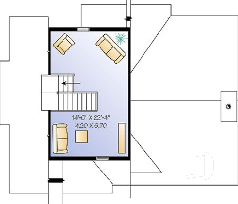 2nd level - Ski chalet plan, reverse floor plans, master and living areas on second floor, large fireplace - Charleston 2