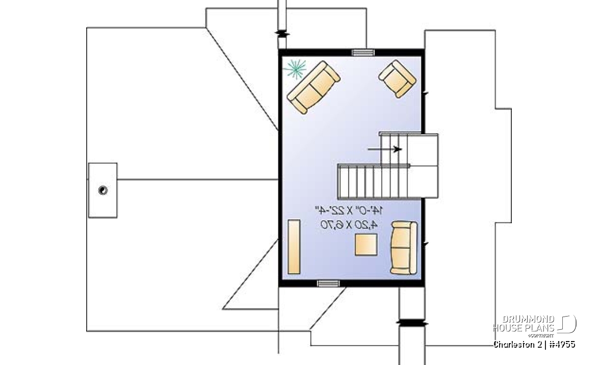 2nd level - Ski chalet plan, reverse floor plans, master and living areas on second floor, large fireplace - Charleston 2