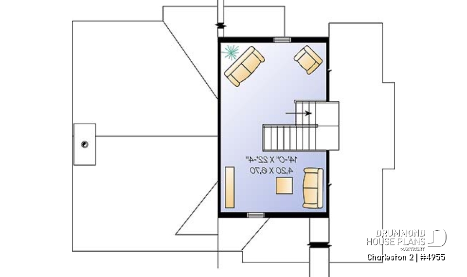 2nd level - Ski chalet plan, reverse floor plans, master and living areas on second floor, large fireplace - Charleston 2