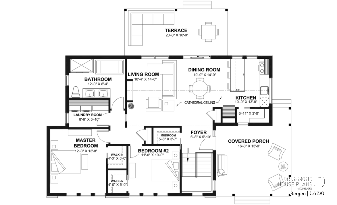 1st level - Scandinavian one-story house plan, lots of natural light, cathedral ceiling, laundry on main floor, storage - Bergen