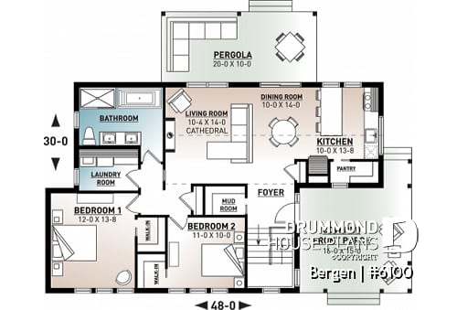 1st level - Scandinavian one-story house plan, lots of natural light, cathedral ceiling, laundry on main floor, storage - Bergen