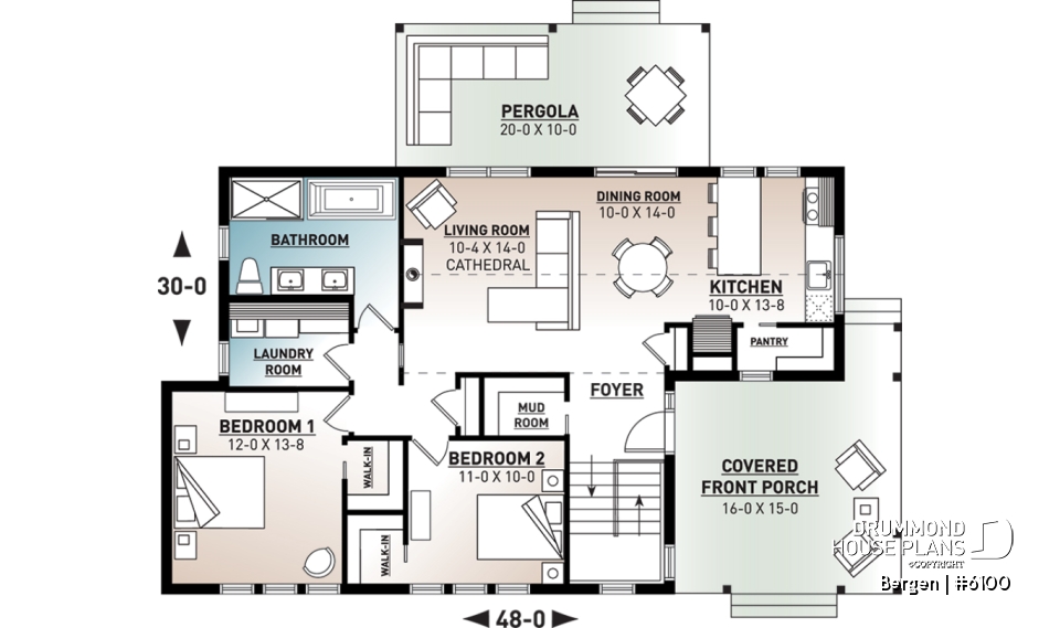 1st level - Scandinavian one-story house plan, lots of natural light, cathedral ceiling, laundry on main floor, storage - Bergen