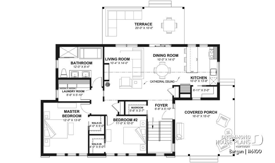 1st level - Scandinavian one-story house plan, lots of natural light, cathedral ceiling, laundry on main floor, storage - Bergen
