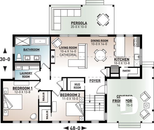 1st level - Scandinavian one-story house plan, lots of natural light, cathedral ceiling, laundry on main floor, storage - Bergen