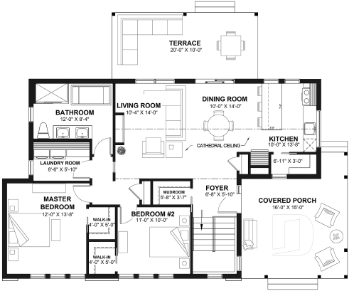 1st level - Scandinavian one-story house plan, lots of natural light, cathedral ceiling, laundry on main floor, storage - Bergen