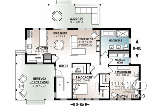 1st level - Scandinavian one-story house plan, lots of natural light, cathedral ceiling, laundry on main floor, storage - Bergen