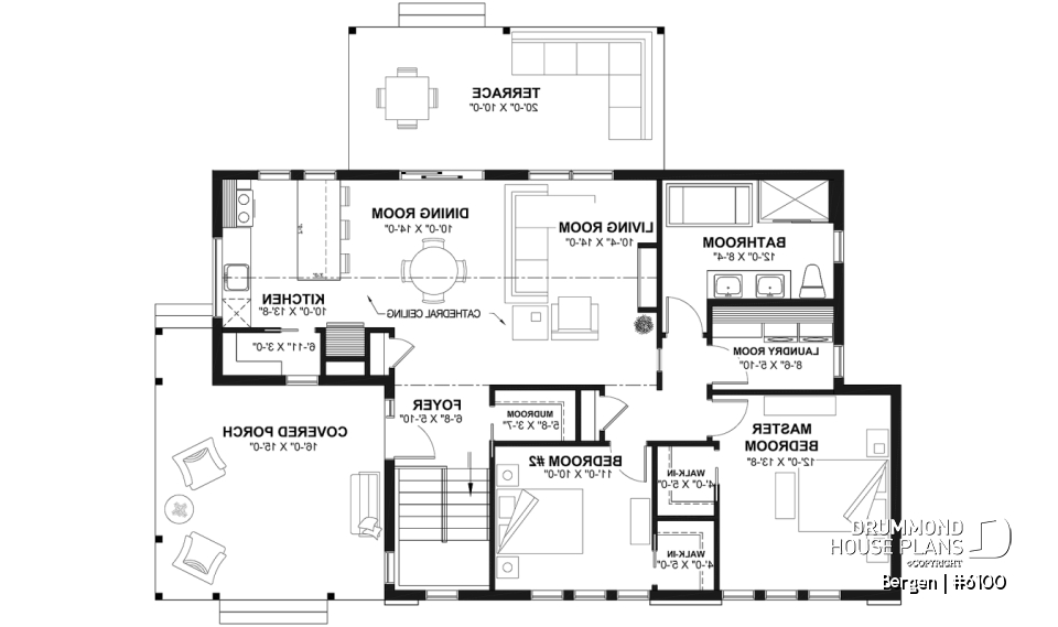 1st level - Scandinavian one-story house plan, lots of natural light, cathedral ceiling, laundry on main floor, storage - Bergen