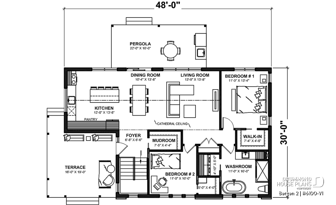 1st level - 2 bedroom modern rustic house plan, cathedral ceiling, large covered terrace, unfinished basement - Bergen 2