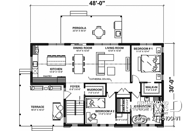 1st level - 2 bedroom modern rustic house plan, cathedral ceiling, large covered terrace, unfinished basement - Bergen 2