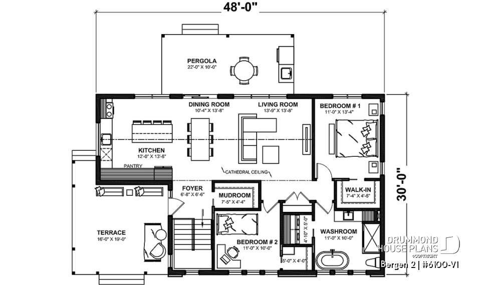 1st level - 2 bedroom modern rustic house plan, cathedral ceiling, large covered terrace, unfinished basement - Bergen 2