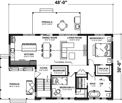 1st level - 2 bedroom modern rustic house plan, cathedral ceiling, large covered terrace, unfinished basement - Bergen 2