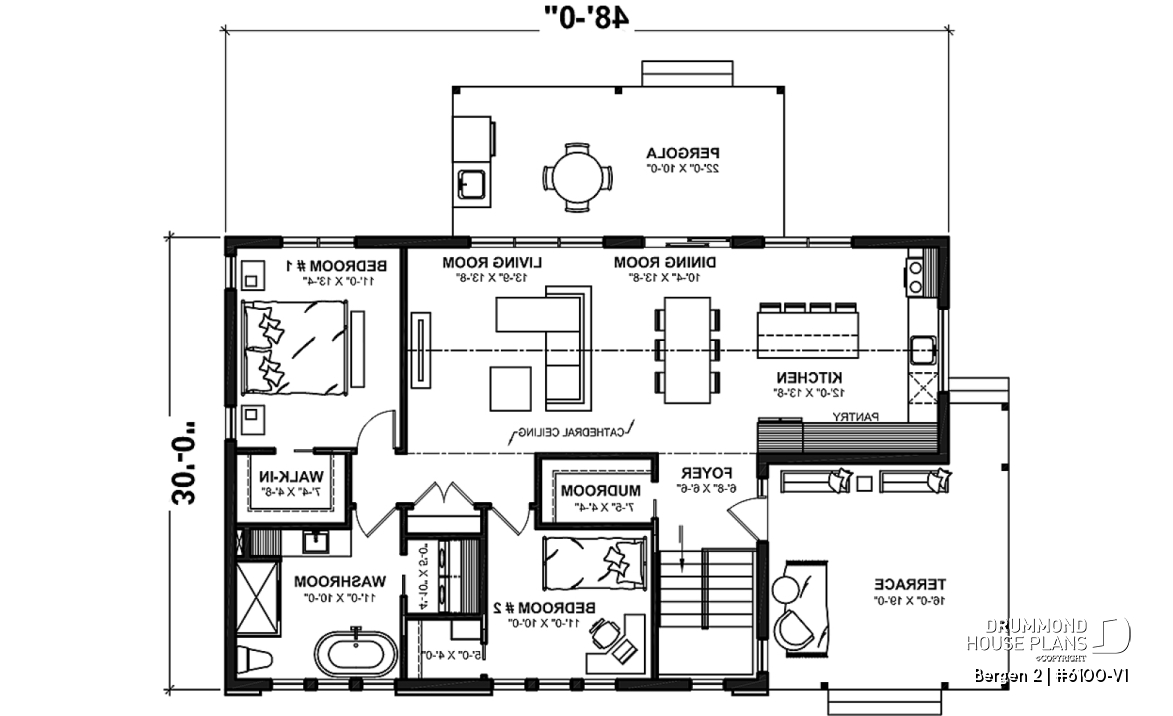 1st level - 2 bedroom modern rustic house plan, cathedral ceiling, large covered terrace, unfinished basement - Bergen 2