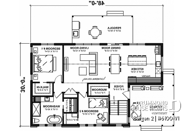 1st level - 2 bedroom modern rustic house plan, cathedral ceiling, large covered terrace, unfinished basement - Bergen 2
