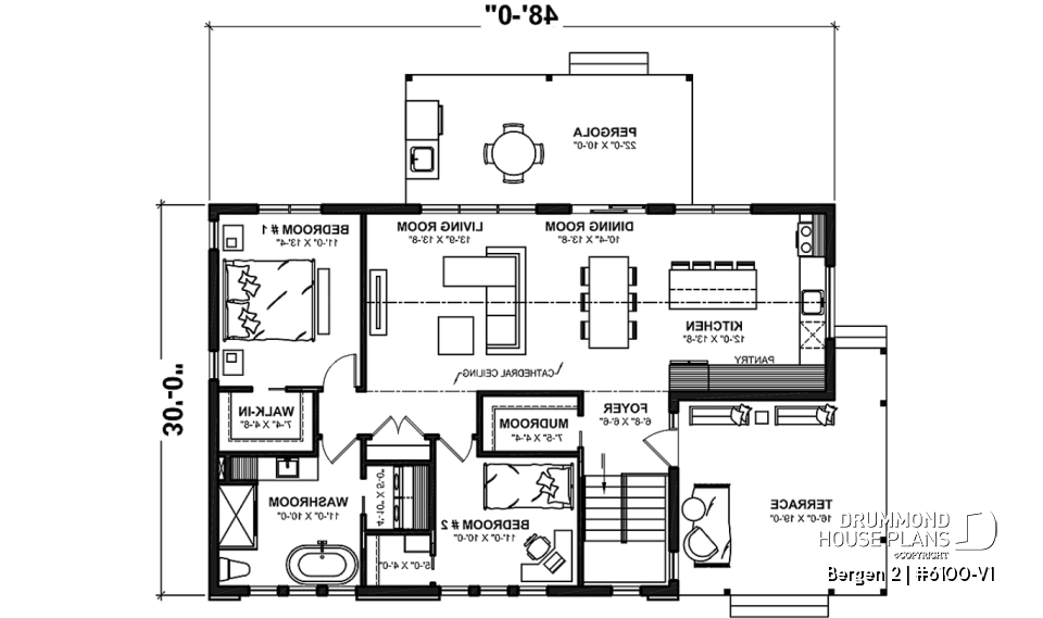 1st level - 2 bedroom modern rustic house plan, cathedral ceiling, large covered terrace, unfinished basement - Bergen 2