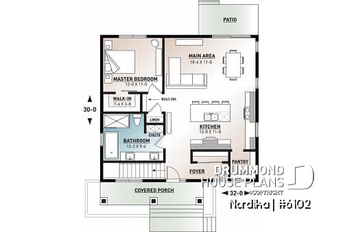 1st level - Small affordable one-story house plan, master on main, 3 bedrooms, 2 baths, open space, huge kitchen - Nordika