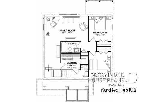 Finished basement - Small affordable one-story house plan, master on main, total of 1 to 3 beds, optional finished basement ($) - Nordika