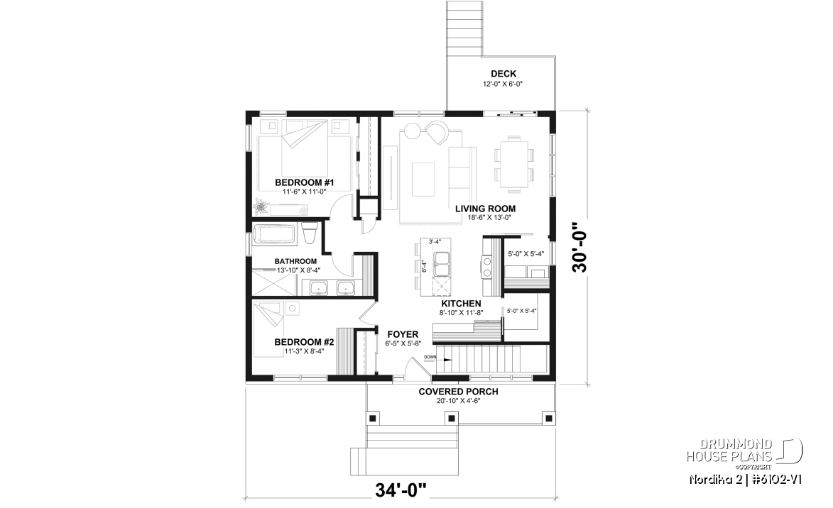 1st level - Compact Modern Rustic Home Plan with 2–4 Bedrooms, Open Living Space and Covered Porch - Nordika 2