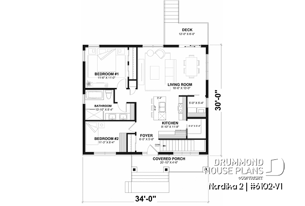 1st level of house plan 6102-V1 1st level - Compact Modern Rustic Home Plan with 2–4 Bedrooms, Open Living Space and Covered Porch - Nordika 2