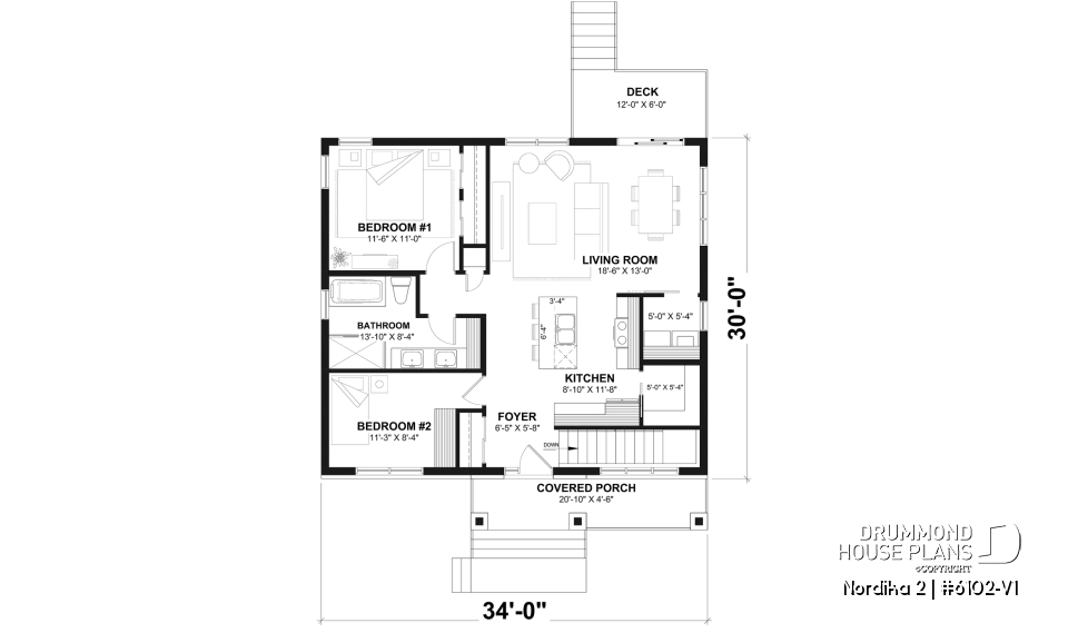 1st level - Compact Modern Rustic Home Plan with 2–4 Bedrooms, Open Living Space and Covered Porch - Nordika 2