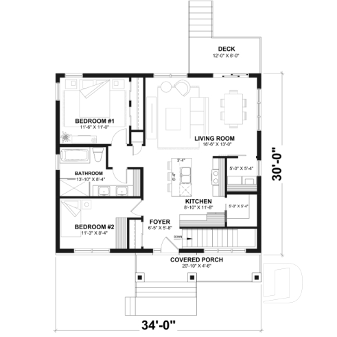 1st level - Compact Modern Rustic Home Plan with 2–4 Bedrooms, Open Living Space and Covered Porch - Nordika 2
