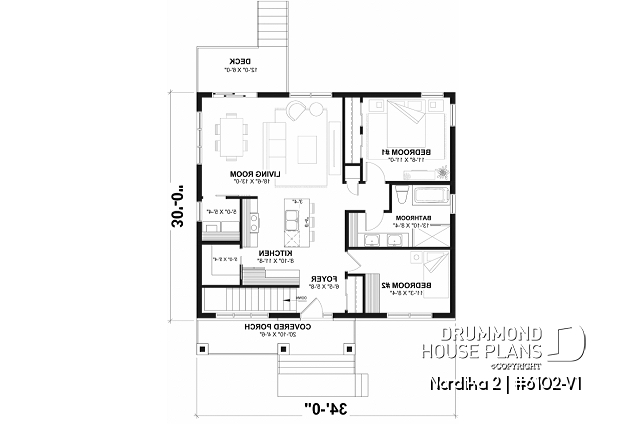 1st level of house plan 6102-V1 1st level - Small craftsman home plan, 2+ bedrooms, large kitchen with pantry, laundry on main - Nordika 2