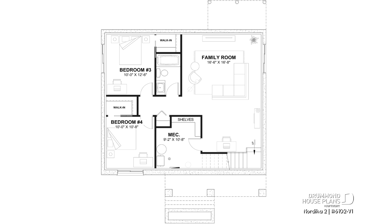 Finished basement (Optional $) - Compact Modern Rustic Home Plan with 2–4 Bedrooms, Open Living Space and Covered Porch - Nordika 2