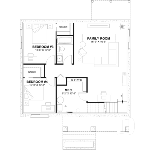 Finished basement (Optional $) - Compact Modern Rustic Home Plan with 2–4 Bedrooms, Open Living Space and Covered Porch - Nordika 2