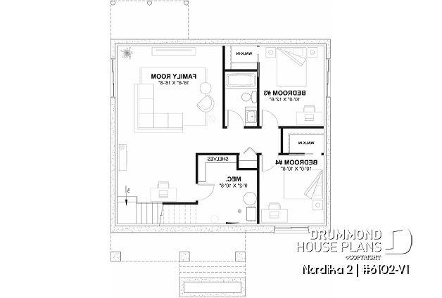 Finished basement (Optional $) of house plan 6102-V1 Finished basement (Optional $) - Small craftsman home plan, 2+ bedrooms, large kitchen with pantry, laundry on main - Nordika 2
