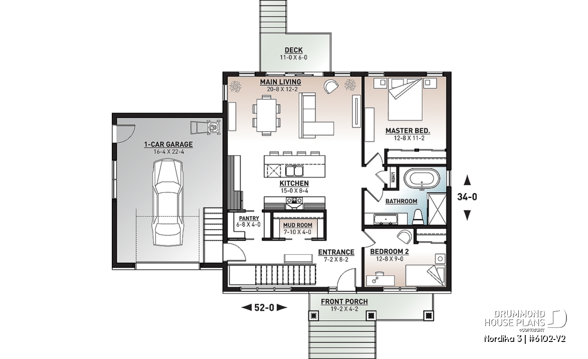 1st level - 2 bedroom ranch style house plan with garage, pantry, kitchen island and open floor plan concept - Nordika 3