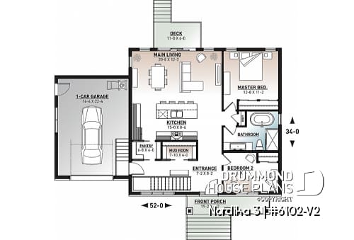1st level - 2 bedroom ranch style house plan with garage, pantry, kitchen island and open floor plan concept - Nordika 3