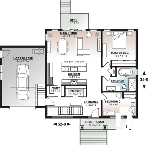1st level - 2 bedroom ranch style house plan with garage, pantry, kitchen island and open floor plan concept - Nordika 3