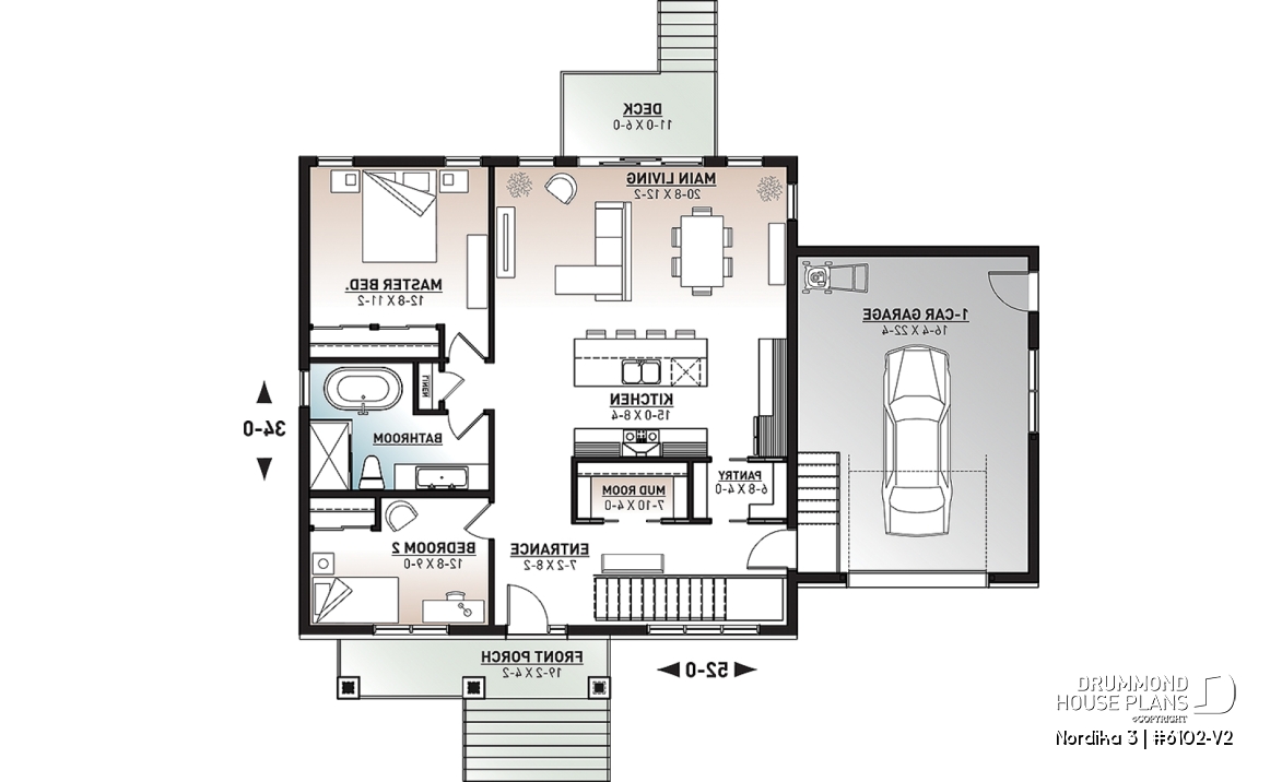 1st level - 2 bedroom ranch style house plan with garage, pantry, kitchen island and open floor plan concept - Nordika 3