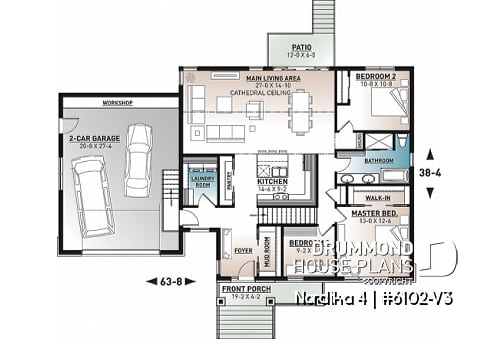 1st level - One-storey Craftsman bungalow house plan with garage, 3 bedrooms on same floor, large laundry, pantry - Nordika 4