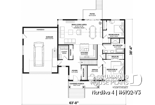 1st level - One-storey Craftsman bungalow house plan with garage, 3 bedrooms on same floor, large laundry, pantry - Nordika 4