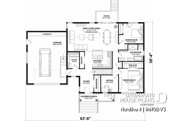 1st level - One-storey Craftsman bungalow house plan with garage, 3 bedrooms on same floor, large laundry, pantry - Nordika 4