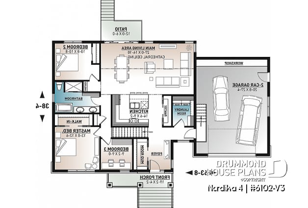 1st level - One-storey Craftsman bungalow house plan with garage, 3 bedrooms on same floor, large laundry, pantry - Nordika 4