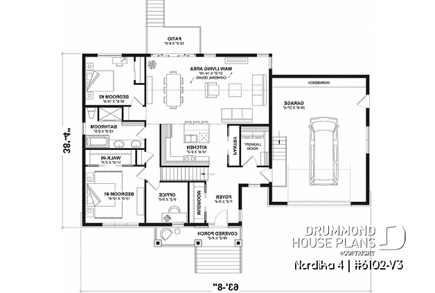 1st level - One-storey Craftsman bungalow house plan with garage, 3 bedrooms on same floor, large laundry, pantry - Nordika 4