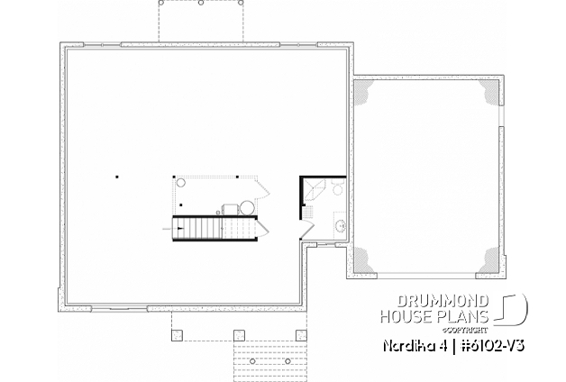 Basement - One-storey Craftsman bungalow house plan with garage, 3 bedrooms on same floor, large laundry, pantry - Nordika 4