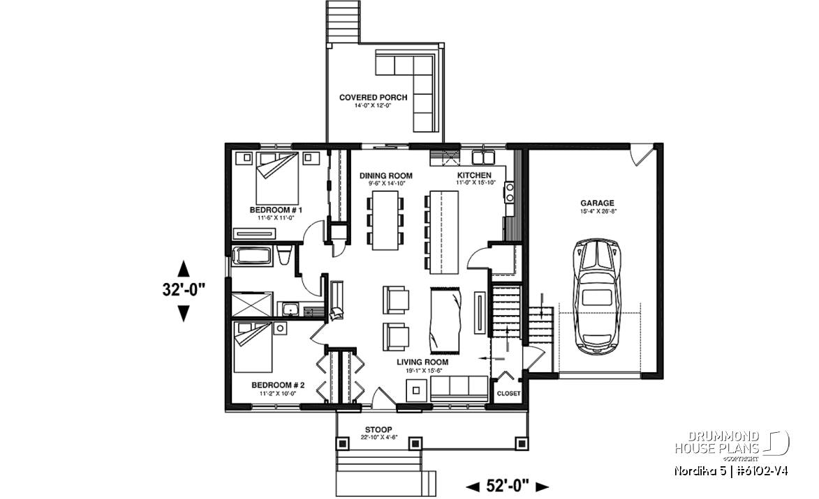 1st level - Craftsman 2 bedroom house plan, one-car garage, open concept, pantry, laundry chute - Nordika 5