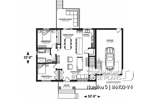 1st level - Craftsman 2 bedroom house plan, one-car garage, open concept, pantry, laundry chute - Nordika 5